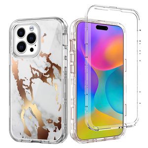 Luxe marmeren hoesjes voor iPhone 15 11 12 13 14 Pro Max Drie lagen zware bescherming Defender Transparant Clear Cover Compatibel met XR Xs Max 8 Plus SE 5G 13Mini