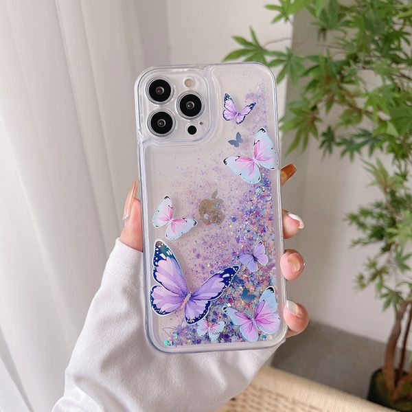 Pour iphone 13 14 plus pro max cas couverture paillettes flux sables mouvants joli motif papillon clair transparent tpu cristal lumineux téléphone cas