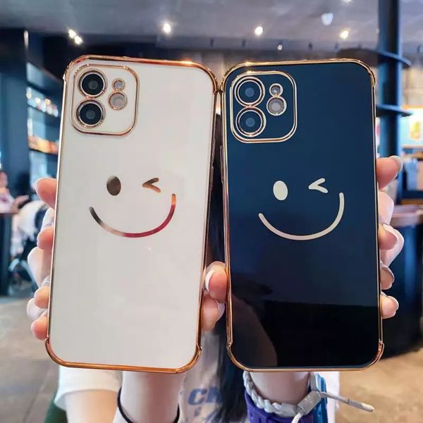 Para iphone 13 14 pro max fundas de teléfono con patrón de cara de sonrisa dorada cubierta de silicona