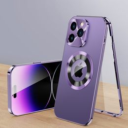 Voor iPhone 14 Pro Max Case 360 ​​hoek volledige bescherming metaal magnetische magnetische magnetische magnetische draadloze laad aluminium legering frame HD-glasbeveiligingsomslag schokbestendige anti-drop