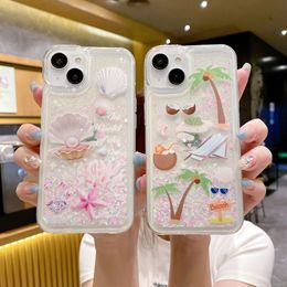 Voor iPhone 15 14 13 12 11 Pro Max Case Glitter Liquid Quicksand Eenhoorn Flamingo Kokospalm 14 15 Plus cover