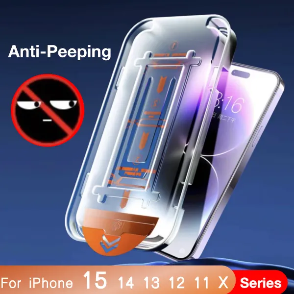 Actualización de película de vidrio templado anti-peeping para iPhone 15 14 13 12 11 Pro Max X XR XS 15Plus Protector de pantalla sin polvo de privacidad de 28 grados con bandeja de kit de alineación automática