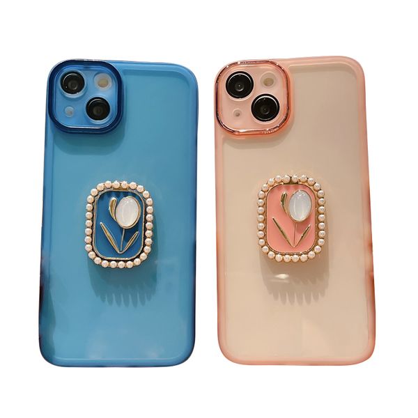 Para Iphone 15 14 13 12 Pro Max Plus Fundas para teléfonos celulares Flor de perlas de lujo Transparente TPU Cubierta protectora completa Niñas Multicolor Teléfono móvil Shell Soporte para anillo de Apple