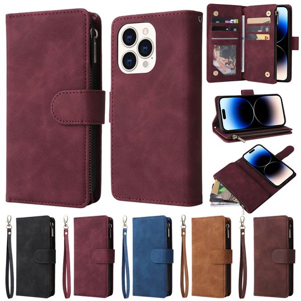 Pour iPhone 15 14 Pro Max 13 12 11 Portefeuille Zipper Flip Cuir Cover Multi Card Slots Holder Premium Soft PU Leather Wallet Bag Cases avec dragonne Antichoc