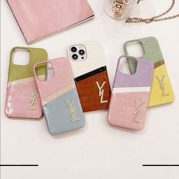Pour IPhone 15 Pro Max Designer Phone Case Mode Couture Couleur Carte Poche Phonecase Luxe Cristal Lettre Couverture Shell Pour 14 13 12 11 -5
