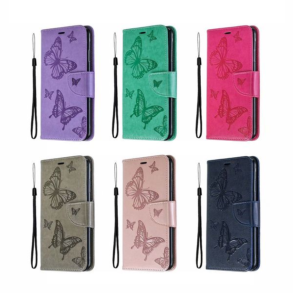 Étuis portefeuille en cuir avec empreinte papillon pour iPhone 15 Plus 14 13 12 Pro Max 11 XS XR X 8 7 6 Samsung Note 20 Flip Cover Credit ID Card Slot Book Pouch Girls Lady Purse Strap