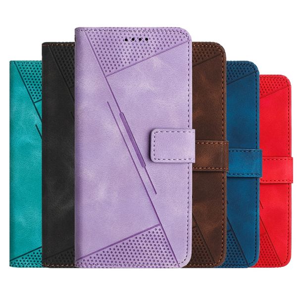 Étuis portefeuille en cuir triangulaire pour Samsung S24 Plus S24 Ultra A05 A05S A15 A25 Xiaomi 14 Pro Redmi 13C Xiaomi 13T Lignes verticales Cash ID Card Slot Holder Flip Cover Pouch