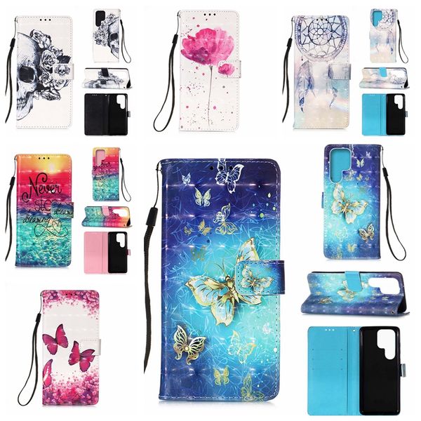 Cajas de billetera de cuero de flores 3D para iPhone 15 14 Plus Pro 13 12 11 XS MAX XR X Cráneo de mar Mariposa de encaje Torre Eiffel Unicornio Flip Cover Libro ID de crédito Ranura para tarjeta Correa