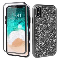 Voor iPhone 8 7 6 Plus XS MAX X XR PC Silicone 3 in 1 Bling Back Drop Protective Phone Case Cover