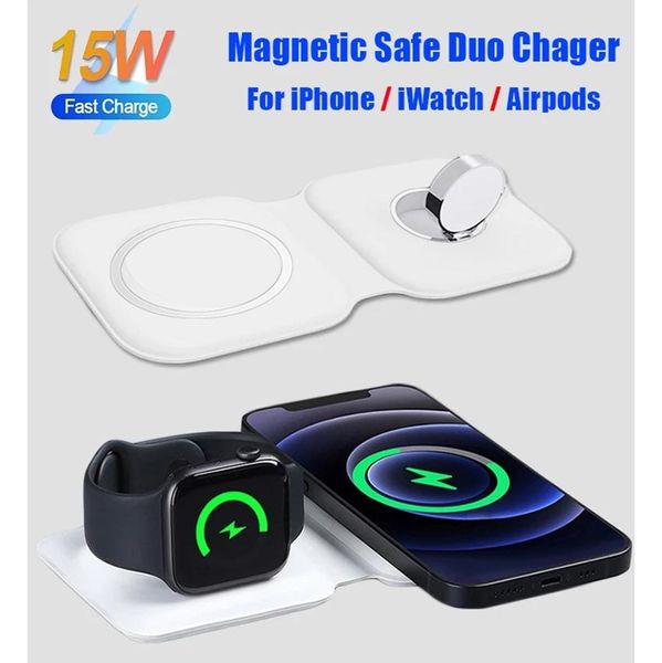 Pour iPhone Apple Duo Chargeur Charges magnétiques Charges magnétiques pliantes Magsafing magnétique sans fil 2 en1 12 13 Pro Max Mini 15W Qi Watch 7 6 SE