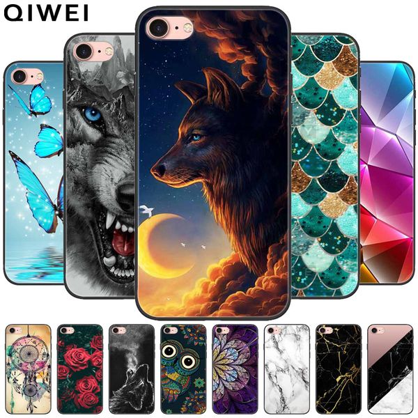 Pour iPhone SE 2020 2016 Case Black TPU Wolf Cats mignon couverture en silicone pour iPhone 7 8 Plus Cois de téléphone pour iPhone7 Soft Funda Capa