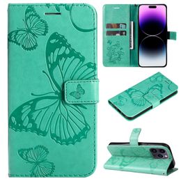 Wallet telefoonhoesjes voor iPhone 15 14 13 12 11 Pro Max Xr XS X 7 8 Plus 3D Butterfly Embossing Pu Leather Women Style Flip Standstand Cover Case met kaartslots