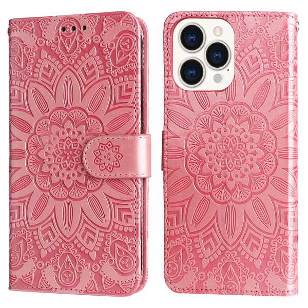 Estuches para teléfono tipo billetera para iPhone 14 13 12 11 Pro Max XR XS X 7 8 Plus - Estuche con soporte y tapa de cuero PU con relieve de girasol con ranuras para tarjetas