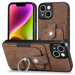 Pour Iphone15 Card Case Luxe Protection Cover Support Case Couleur Unie Rétro Matériel Anneau Voiture Magnétique Cuir Cses Holster Carte Fonction