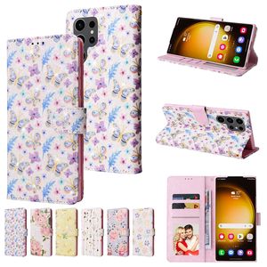 Fundas de billetera de cuero con estampado de flores de moda para Samsung S24 Ultra S24 Plus A25 A35 A45 A55 A05 A05S A15 5G Cepillo antirrobo Mariposa Seca Margarita ID Ranura para tarjeta Bolsa