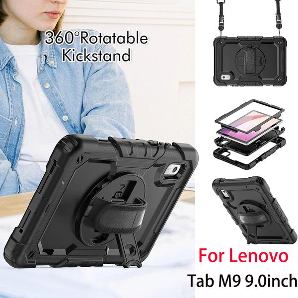 Pour Lenovo Tab M9 K9 9,0 pouces étui dragonne 360 rotatif béquille couverture enfants sûr antichoc étui de protection complet + porte-stylo S + film PET + bandoulière