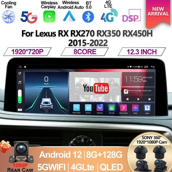 Para Lexus RX RX270 RX350 RX450H 2015-2022 12,3 pulgadas Android 12 8 + 128G Radio de coche navegación GPS reproductor Multimedia CarPlay Screen-2