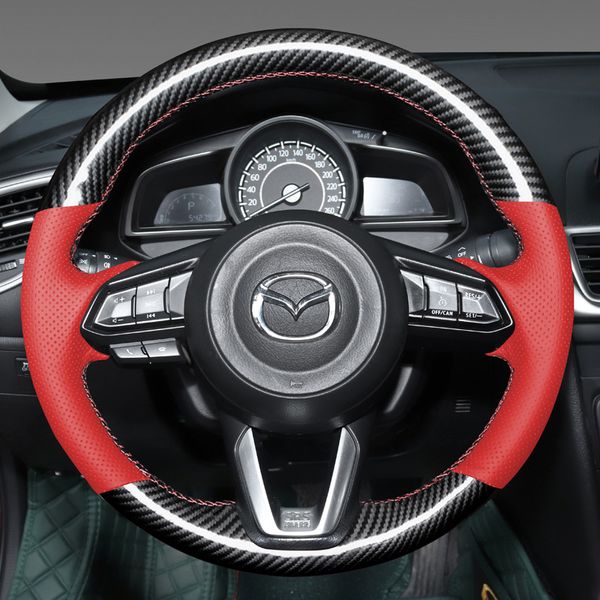 Para Mazda 6 Atenza 2017-2019 Mazda 3 Axela 2017-2019 fibra de carbono cosida a mano antideslizante cubierta de cuero rojo para volante de coche