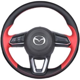 Voor Mazda 6 Atenza Mazda 3 Axela 2017-2019 DIY Handgestikte rode zwarte lederen auto stuurwielafdekking