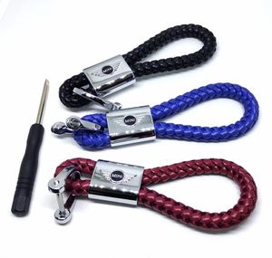 Voor Mini Cooper Fashoin Metal Leather Lederen Braid Car Keychain Key Ring Keyring sleutelhouder Red Black Blue3122428