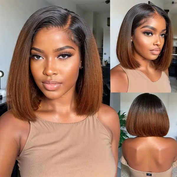 Livraison gratuite pour les nouveaux articles de mode en stock Effort de cheveux humains sans glueless Bob Wigs X Lace Front Brown Straight Short Perme de fermeture HD préparée