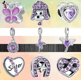Voor pandora bedel 925 zilveren kralen bedels Nieuwe paarse zirkoon pinwheel vlinder hart hond glanzende bedelset