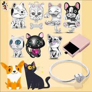 Para pandora charm 925 cuentas de plata encantos Black Cat Pet Dog Set Paw Schnauzer Akita Pug charm set