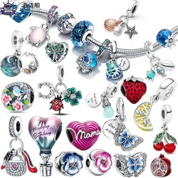 Für Pandora-Charms authentische 925er-Silberperlen, Perlen-Schmetterlings-Stiefmütterchen-Blumen-Armband-Charm