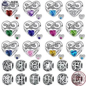 Pour les breloques pandora authentiques perles en argent 925 pierre de naissance pendentif coeur lettre série perle