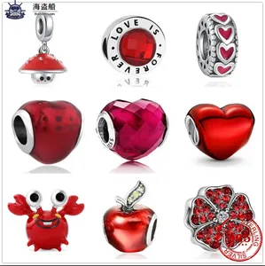 Pour les breloques pandora authentiques perles en argent 925 Dangle Charm Nouveau Rouge Belle Crabe Champignon Fleur Verre Coeur Perle