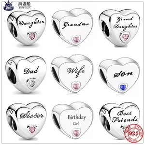 Para pandora charms auténticos 925 cuentas de plata Dangle Charm Wife Sisters mejores amigos Dad Love Heart Bead