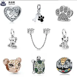 Pour les breloques pandora authentiques perles en argent 925 alliage chat chien animal de compagnie lion hibou charme animal émail perle