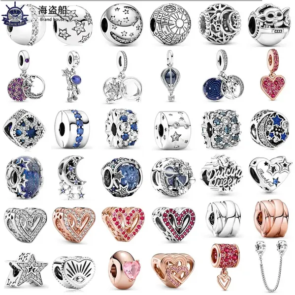 Para los abalorios de pandora auténticos 925 cuentas de plata Dangle Star Crescent Moon Blue Star Space Series Bead