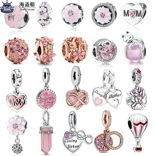 Pour les breloques pandora authentiques perles en argent 925 perle rose coeur fleur ballon infini amour bracelet