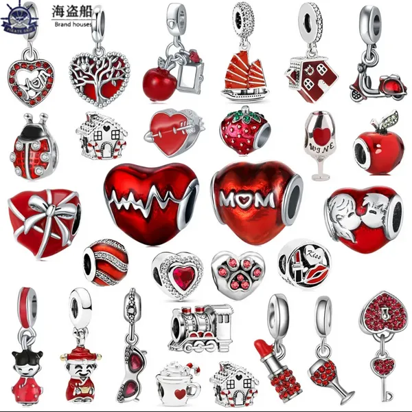 Para pandora charms auténticos 925 cuentas de plata New Red Cat Ladybug Strawberry Heart Pendant Adecuado