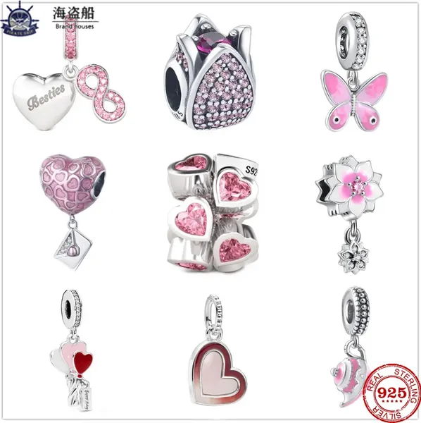 Para pandora charms auténticos 925 cuentas de plata puntada Bead Pink Rose Butterfly Heart-Shaped B Bracelet