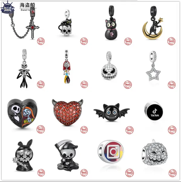 Para pandora charms auténticos 925 cuentas de plata Nueva cadena de seguridad cruzada chapada en negro Jcack Skull Bead