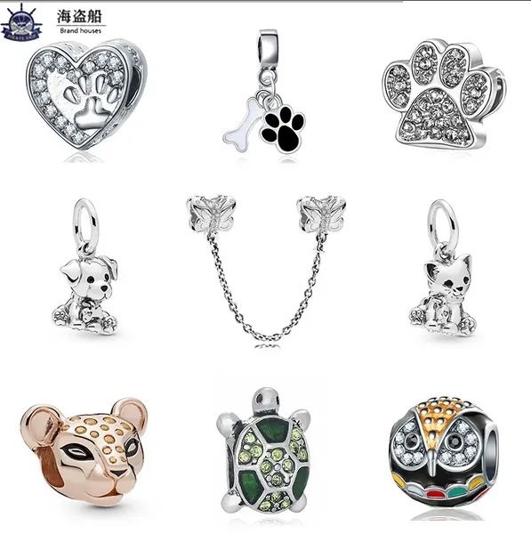 Pour les breloques pandora authentiques perles en argent 925 alliage chat chien animal de compagnie lion hibou charme animal émail perle