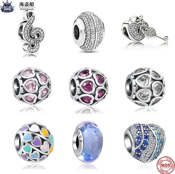 Para los abalorios de pandora auténticos 925 cuentas de plata New White Pave Key Lock Pink Rose Red Heart Ribbon