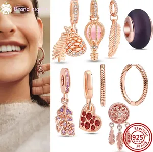 Pour les breloques pandora perles en argent sterling Bracelet Hoop Link Boucles d'oreilles Rose Gold Feather Fashion charme