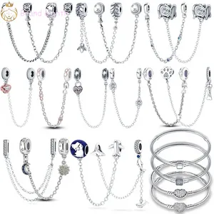 Para pandora charms cuentas de plata esterlina Pulsera Plata De Ley 925 Full Star Pink Heart Cadena de seguridad