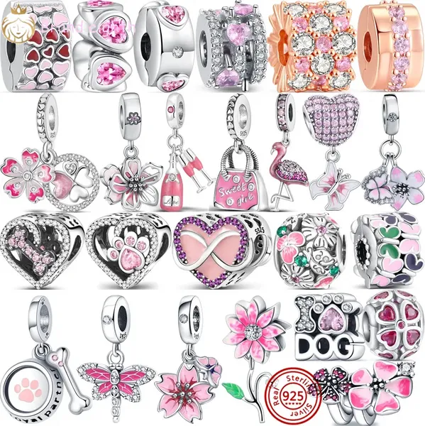 Pour pandora charmes perles en argent sterling série rose empreintes de pattes fleurs papillon maman arbre douce fille charmes ciondoli