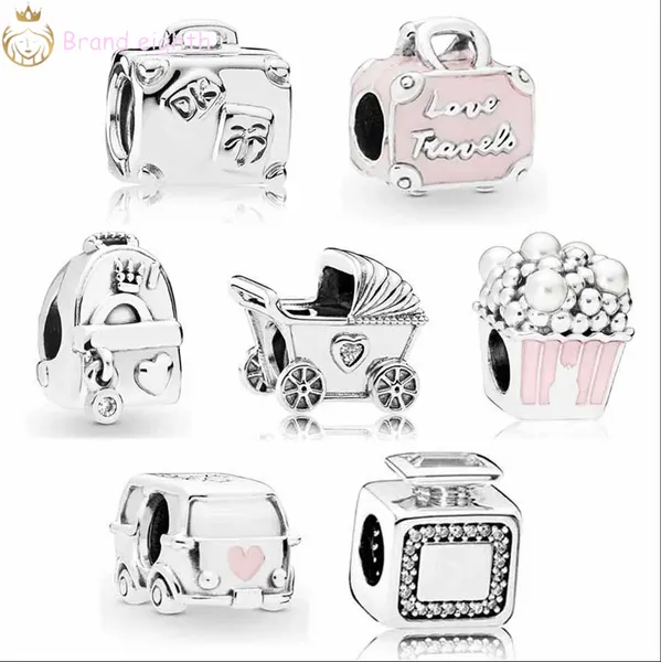 Pour les breloques pandora perles en argent sterling balancent breloque landau bébé original avec valise en cristal perles de pop-corn de voyage