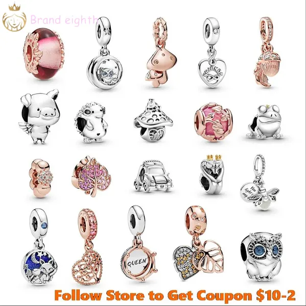 Para abalorios de pandora, cuentas de plata esterlina, abalorios Pink Pave Queen Regal Crown charmes ciondolo