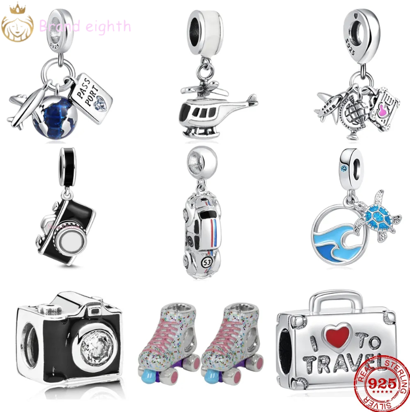 Для чар Pandora Sterling Silver Beads Women Suitcase Camera Passport Car Car Ocean Ocean