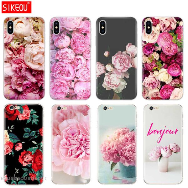 Flower Pink Peonies Silicone Cover Case para iPhone 6 x 8 7 6s 5 5s SE 2020 más 10 XR XS MAX 11 Pro