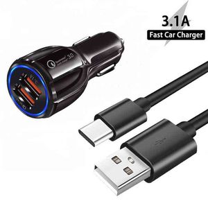 Voor Samsung Galaxy S21 S20 FE Ultra Plus 3.1A Snelle Auto USB-telefoonlader Type-C USB-kabel voor Samsung A11 A41 A31 USB-oplader W220328