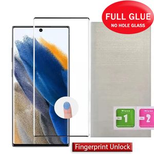 Premium Gebogen Volledige Lijm Geen gat Gehard Glas Screen Protector Voor Samsung S23 Ultra S22 S21 Ultra S20 Note20 S10 Plus S8 S9 NOTE8 Volledige cover vingerafdruk ontgrendelfilm