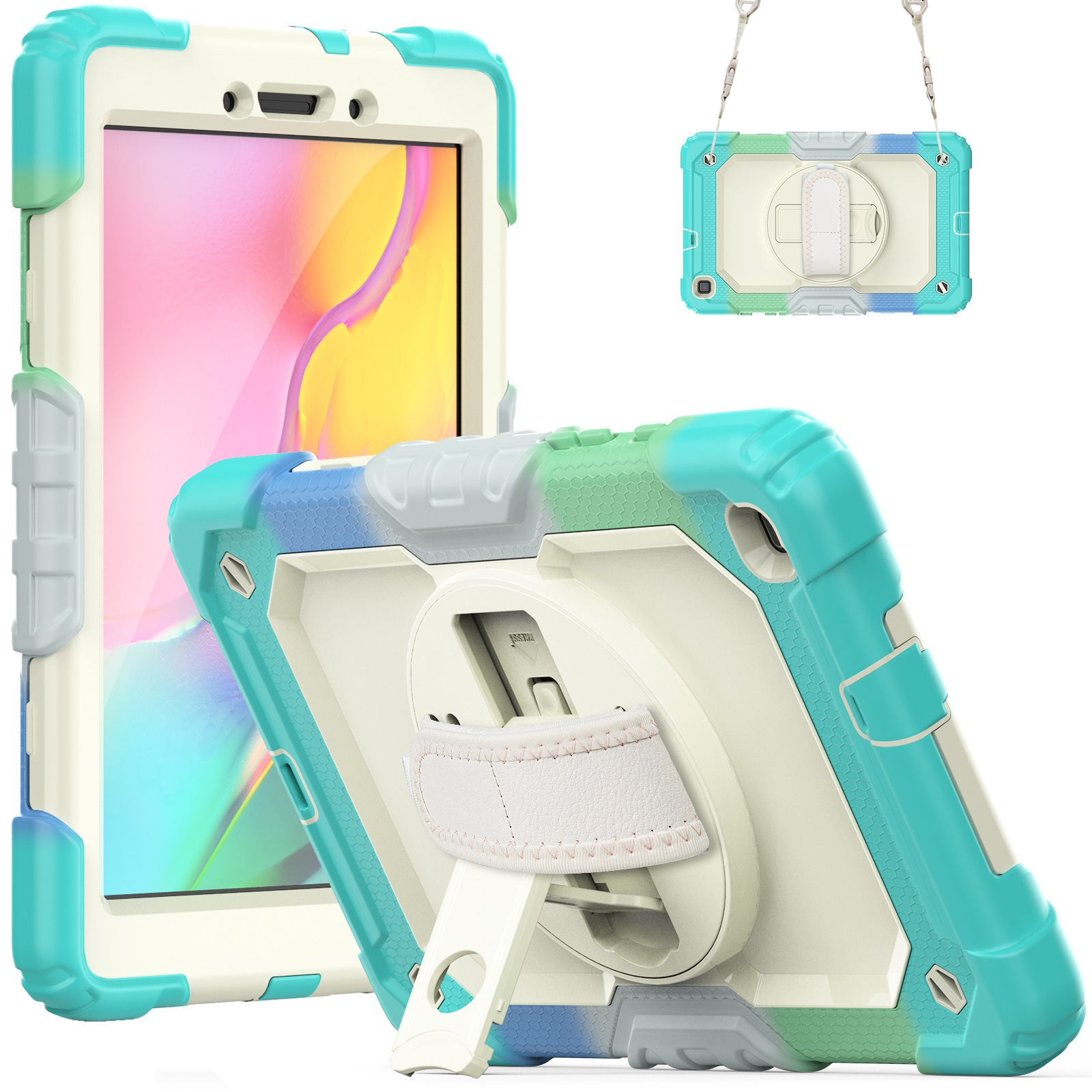 Pour Samsung Galaxy Tab A 8.0 8,4 pouces Étuis antichoc pour enfants Robuste en silicone Béquille Dragonne Housse de protection pour tablette avec protecteur d'écran PET Bretelles d'épaule