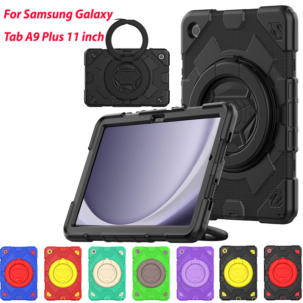 För Samsung Galaxy Tab A9 Plus 11 tum A9+ Case Handle 360 ​​Roterande kickstand Cover Silicone PC Hybrid Rugged Protection Kids Safe Safe Case Falls With S Pen Holder